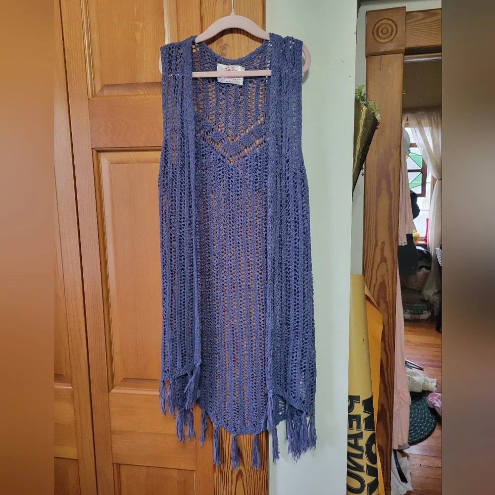 Girls Justice Long Crochet Knit Fringe Open-Front Vest Cardigan Dusty Blue 8/10